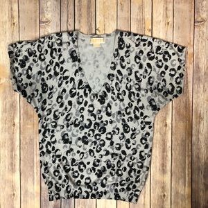Michael Kors V Neck Gray and Black Leopard Top